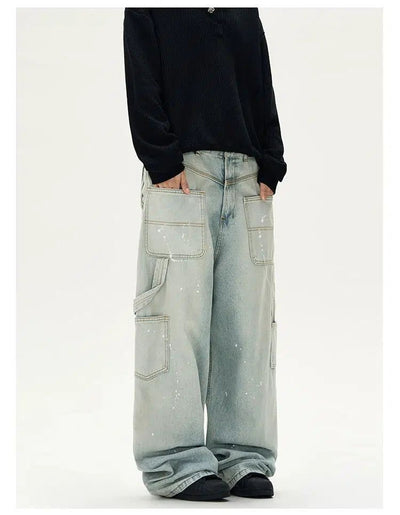 Faded Ink-Splashed Cargo Jeans Korean Street Fashion Jeans By A PUEE Shop Online at OH Vault