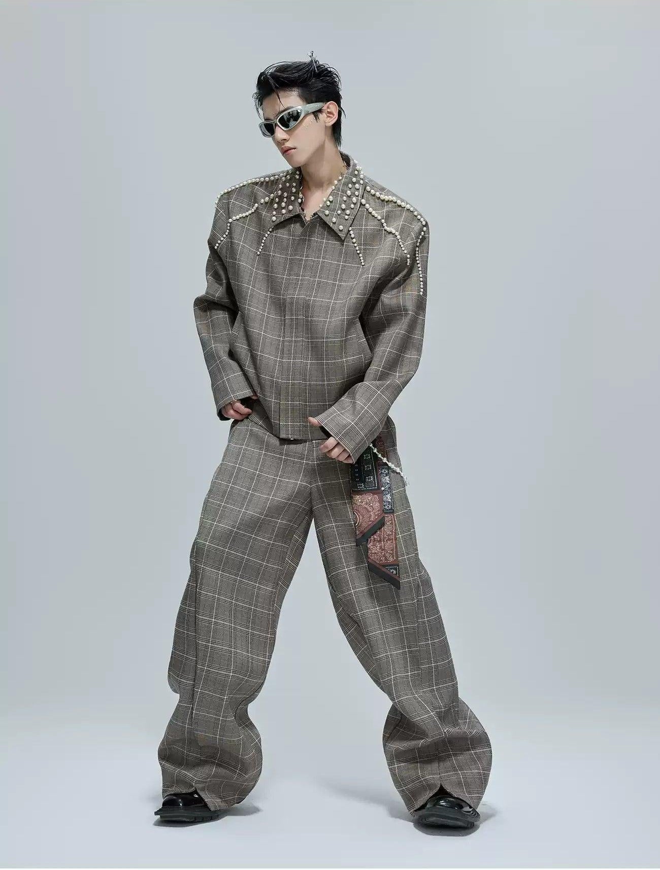 Pearled Line Checked Shirt & Wide Pants Set Korean Street Fashion Clothing Set By Argue Culture Shop Online at OH Vault