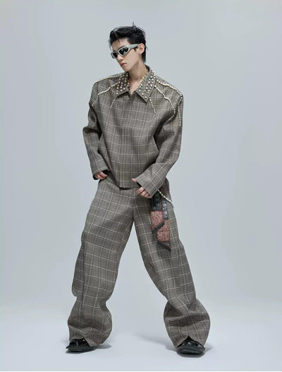 Pearled Line Checked Shirt & Wide Pants Set Korean Street Fashion Clothing Set By Argue Culture Shop Online at OH Vault