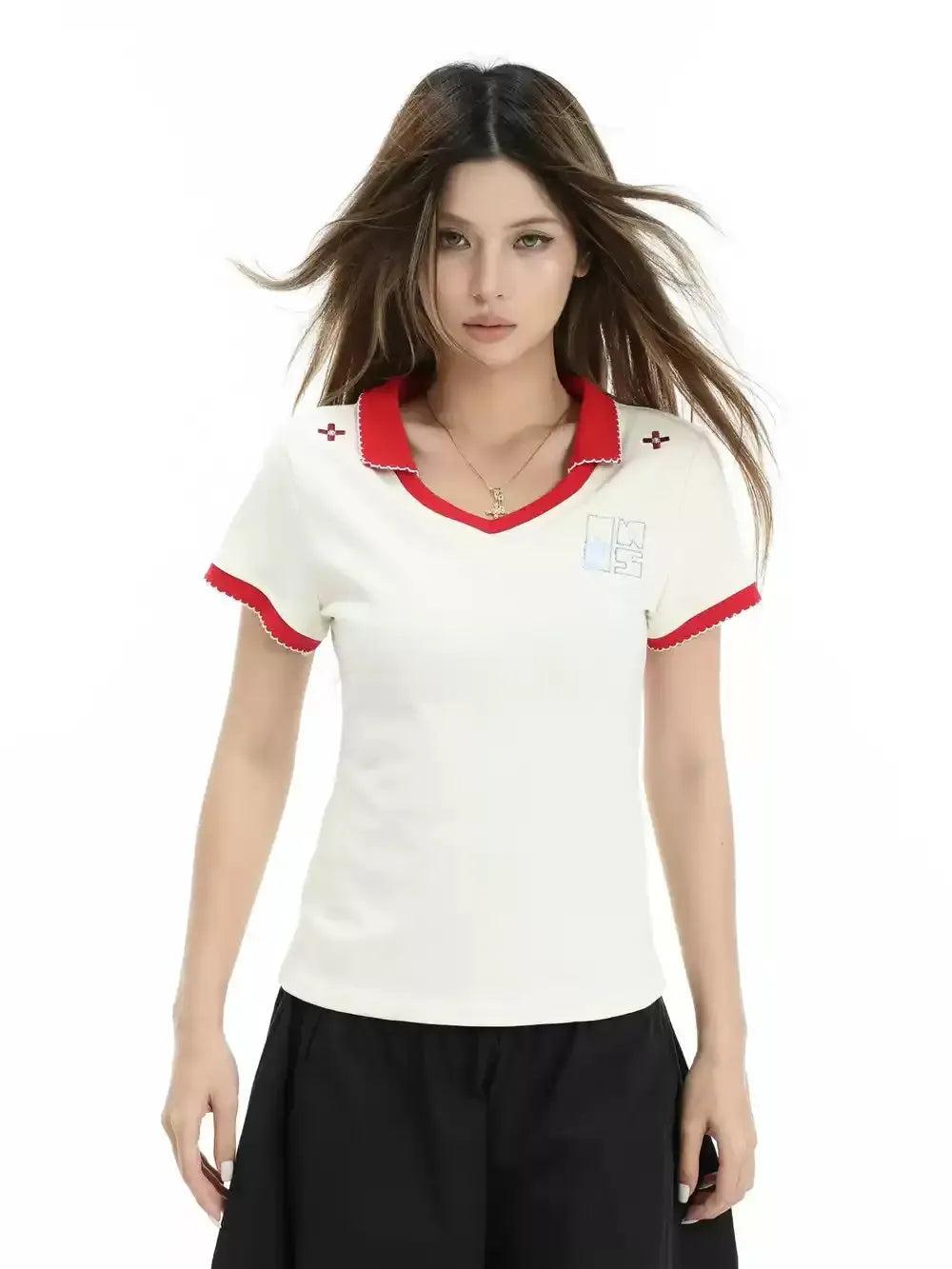 Embroidered Logo Contrast Collar T-Shirt Korean Street Fashion T-Shirt By INS Korea Shop Online at OH Vault
