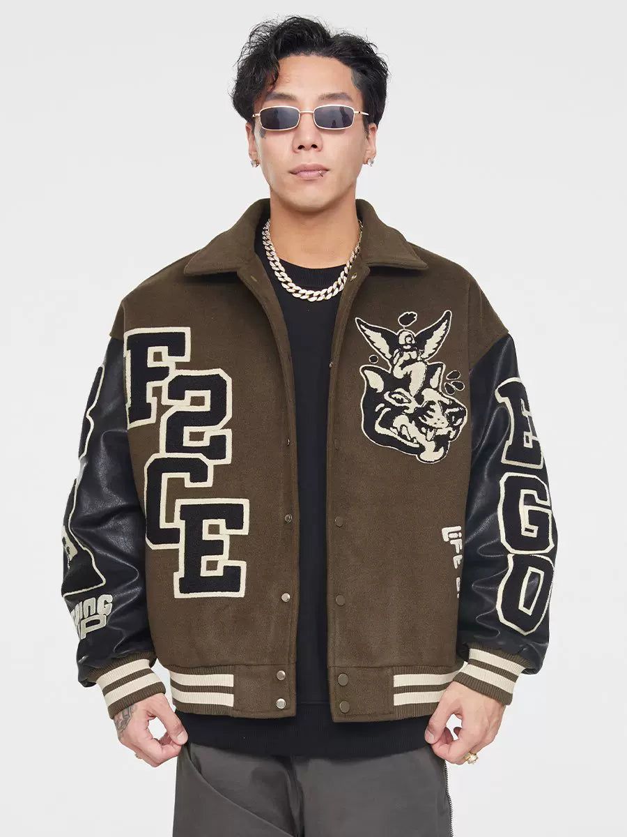 Spliced Leather Varsity Jacket Korean Street Fashion Jacket By Face2Face Shop Online at OH Vault