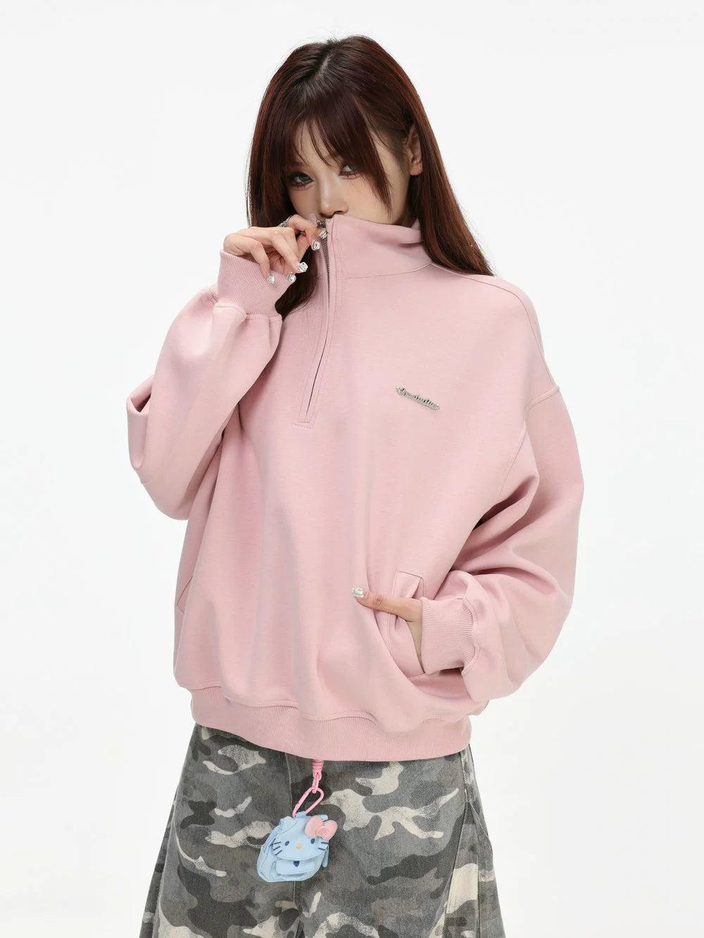 Metallic Logo Stand Collar Half-Zip Korean Street Fashion Half-Zip By INS Korea Shop Online at OH Vault