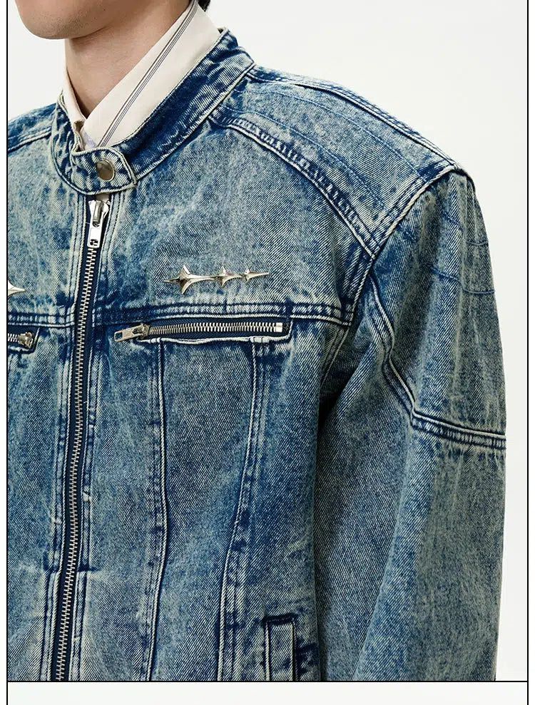 Wide Shoulder Pad Zipped Denim Jacket Korean Street Fashion Jacket By 77Flight Shop Online at OH Vault