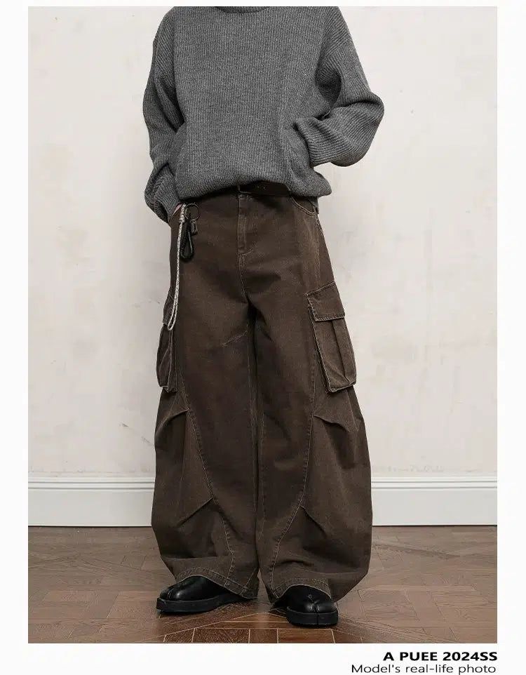 Faded Pleats Wide Cargo Pants Korean Street Fashion Pants By A PUEE Shop Online at OH Vault