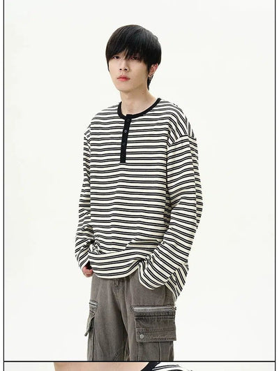 Striped Relaxed Fit Long Sleeve T-Shirt Korean Street Fashion T-Shirt By 77Flight Shop Online at OH Vault