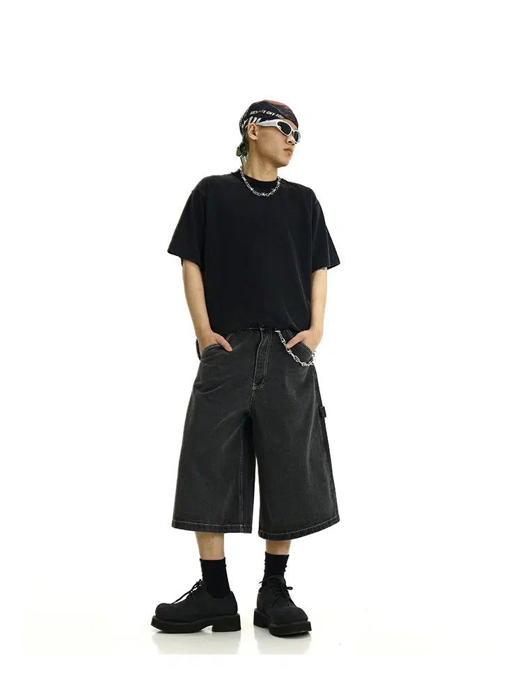 【massnoun】NOR WASHED WIDE DENIM SHORT PANTS NO MAINTENANCE Sand Wash Wide Leg Denim Shorts （Sand-Wash