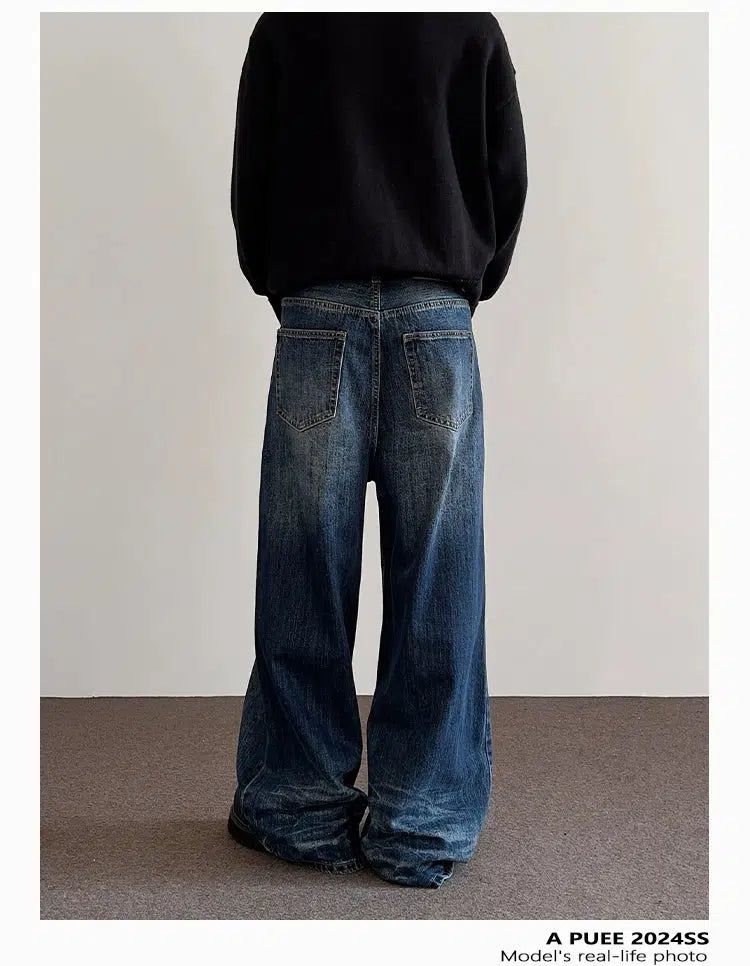 Creased Lines Wide Leg Jeans Korean Street Fashion Jeans By A PUEE Shop Online at OH Vault