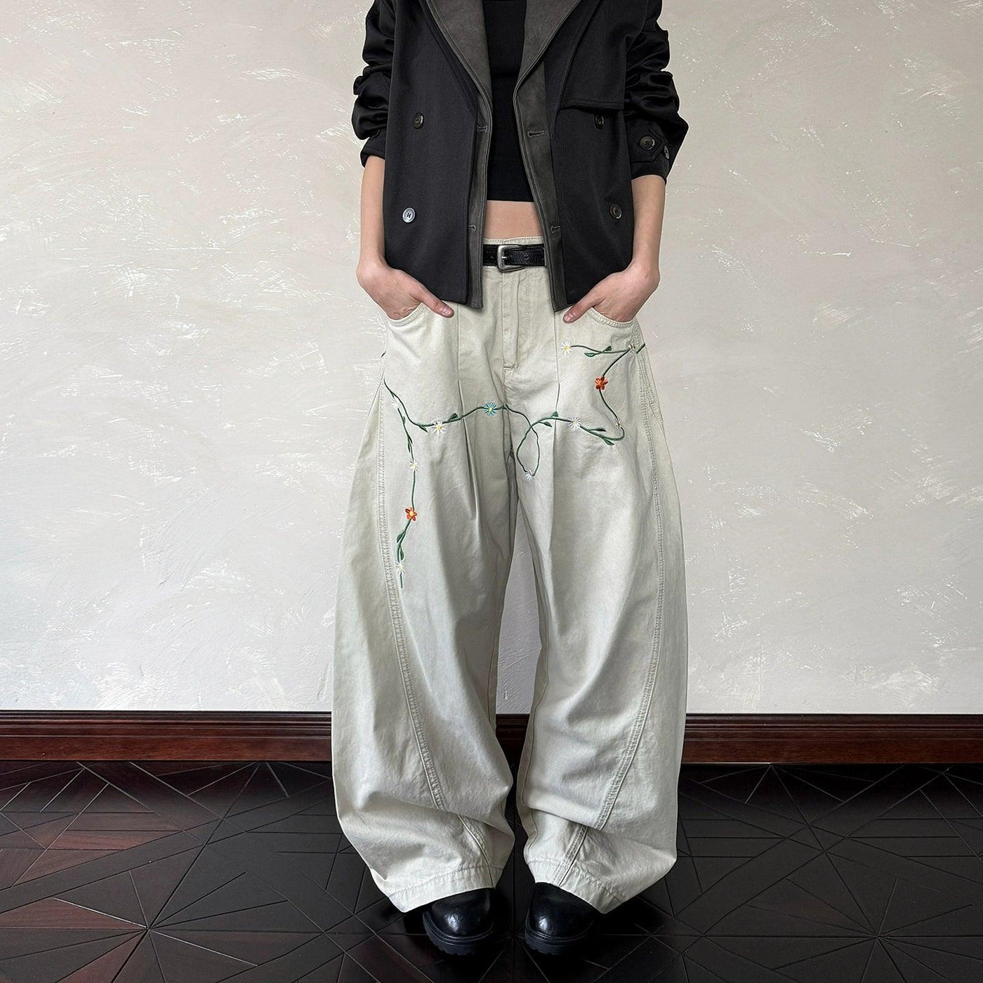Structured Floral Embroidery Barrel Pants Korean Street Fashion Pants By A PUEE Shop Online at OH Vault