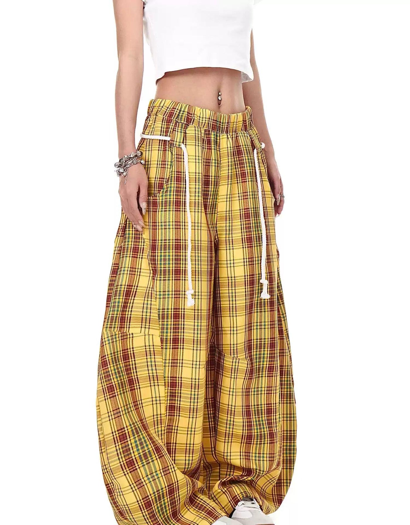 Gartered Plaid Pattern Wide Pants Korean Street Fashion Pants By Blacklists Shop Online at OH Vault