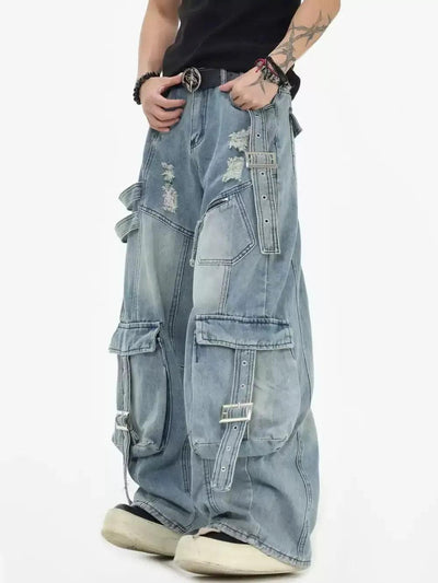 Multiple Straps Detail Cargo Jeans Korean Street Fashion Jeans By INS Korea Shop Online at OH Vault