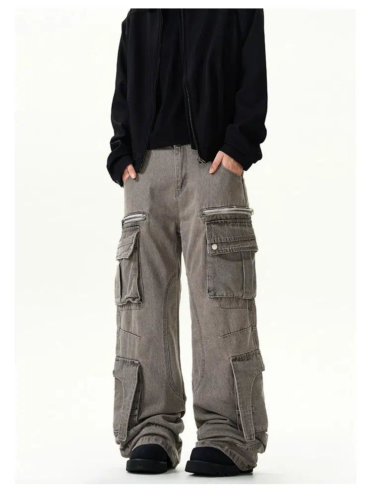 Washed Functional Cargo Jeans Korean Street Fashion Jeans By A PUEE Shop Online at OH Vault