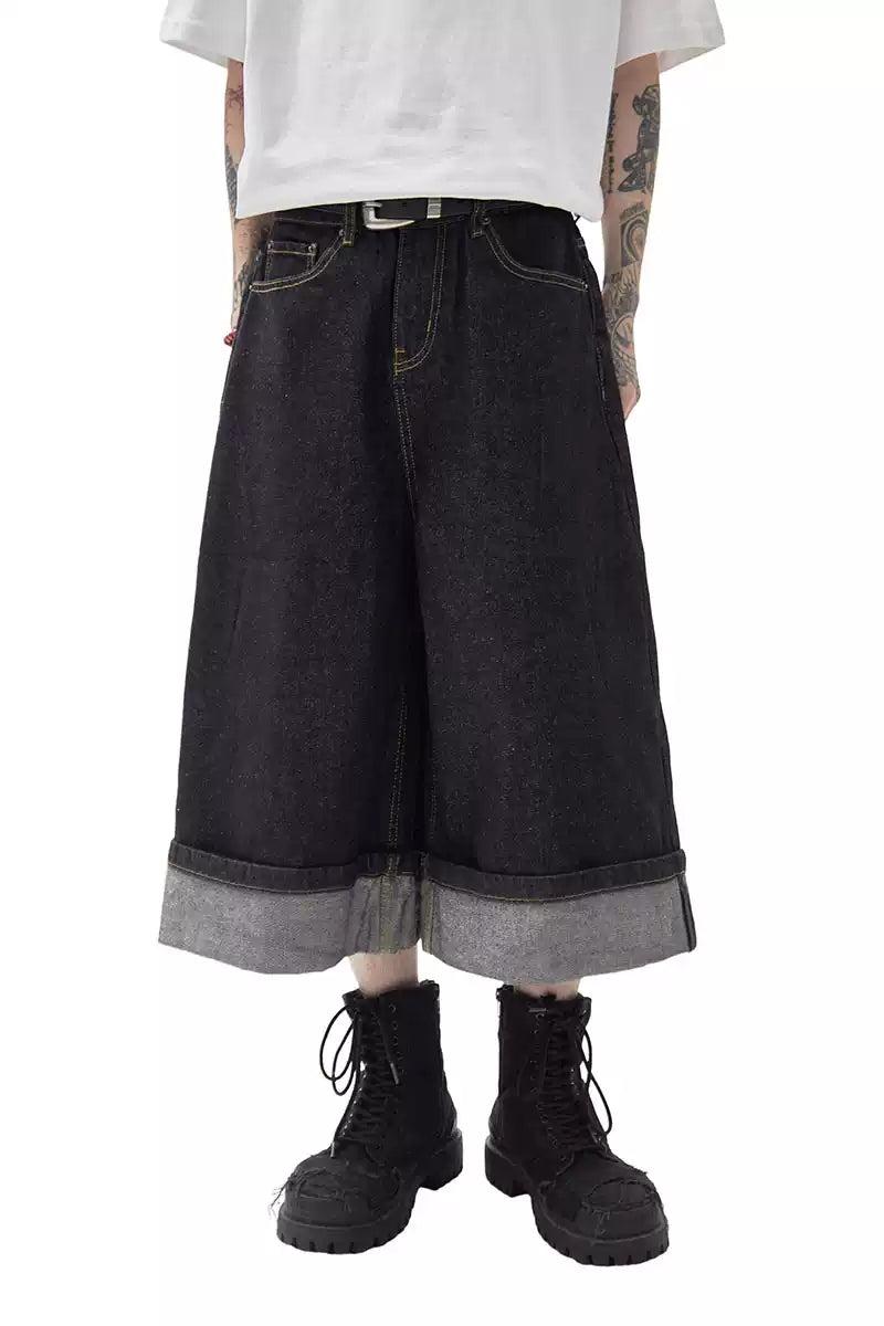 Wide Folded Ends Denim Shorts Korean Street Fashion Shorts By Ash Dark Shop Online at OH Vault