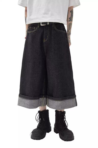 Wide Folded Ends Denim Shorts Korean Street Fashion Shorts By Ash Dark Shop Online at OH Vault