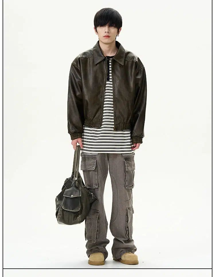 Distressed Zipped PU Leather Jacket Korean Street Fashion Jacket By 77Flight Shop Online at OH Vault