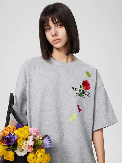Stitched Rose Loose T-Shirt Korean Street Fashion T-Shirt By A Chock Shop Online at OH Vault