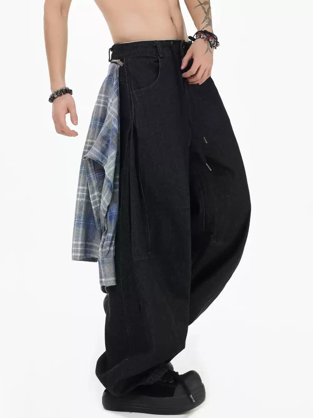 Spliced Plaid Shirt Tied Knot Jeans Korean Street Fashion Jeans By INS Korea Shop Online at OH Vault