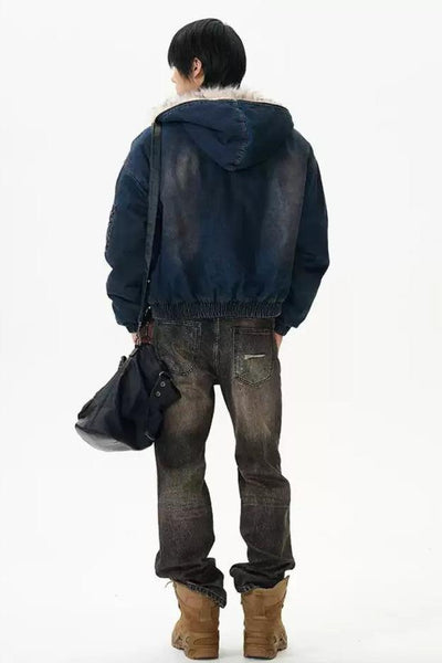 Plushy Washed Hooded Denim Jacket Korean Street Fashion Jacket By 77Flight Shop Online at OH Vault