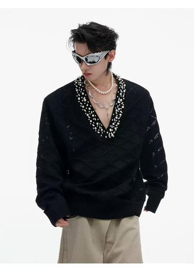 Pear & Stone V-Neck Patterned Sweater Korean Street Fashion Sweater By Argue Culture Shop Online at OH Vault