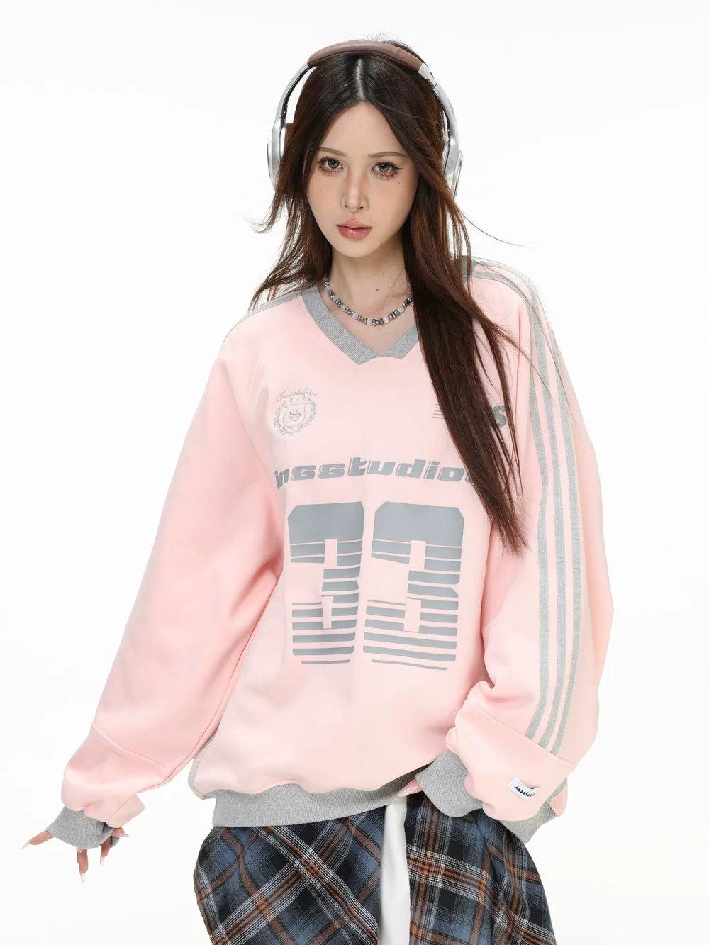 Striped Sporty V-Neck Crewneck Korean Street Fashion Crewneck By INS Korea Shop Online at OH Vault