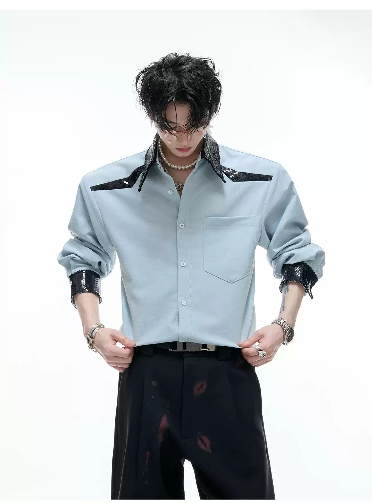 Sequin Stitched Contrast Shirt Korean Street Fashion Shirt By Argue Culture Shop Online at OH Vault
