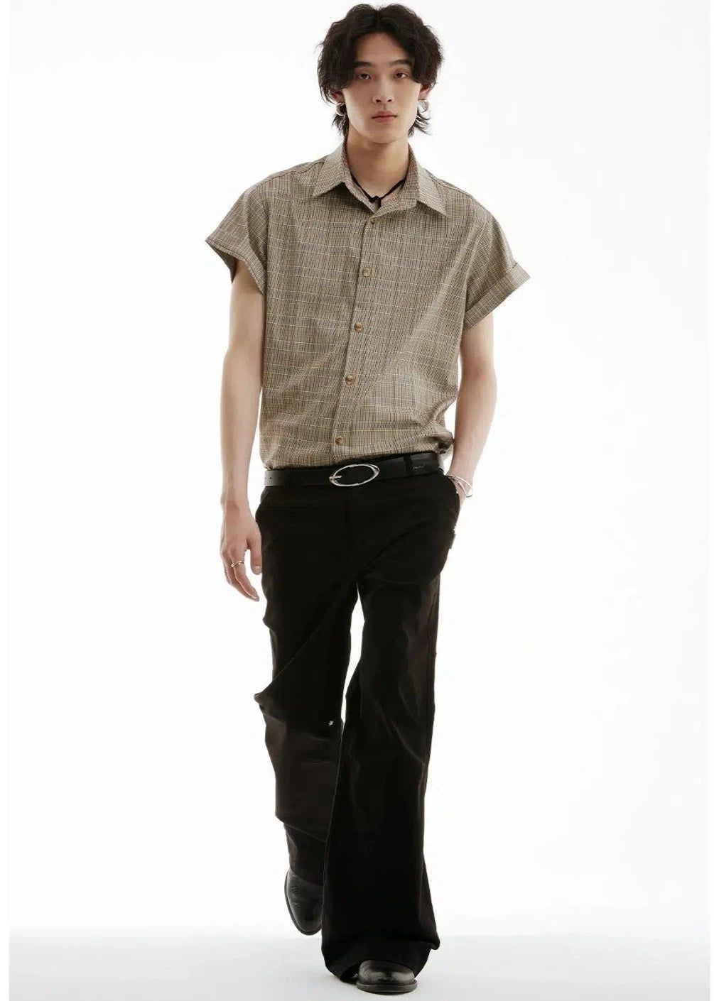 Folded Sleeve Plaid Shirt Korean Street Fashion Shirt By Funky Fun Shop Online at OH Vault