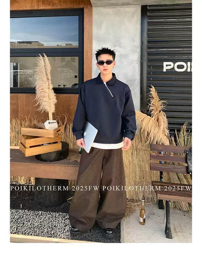 Ribbed Collar Diagonal Half-Zip Korean Street Fashion Half-Zip By Poikilotherm Shop Online at OH Vault