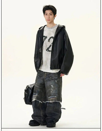 Drawstring Hooded PU Leather Jacket Korean Street Fashion Jacket By 77Flight Shop Online at OH Vault