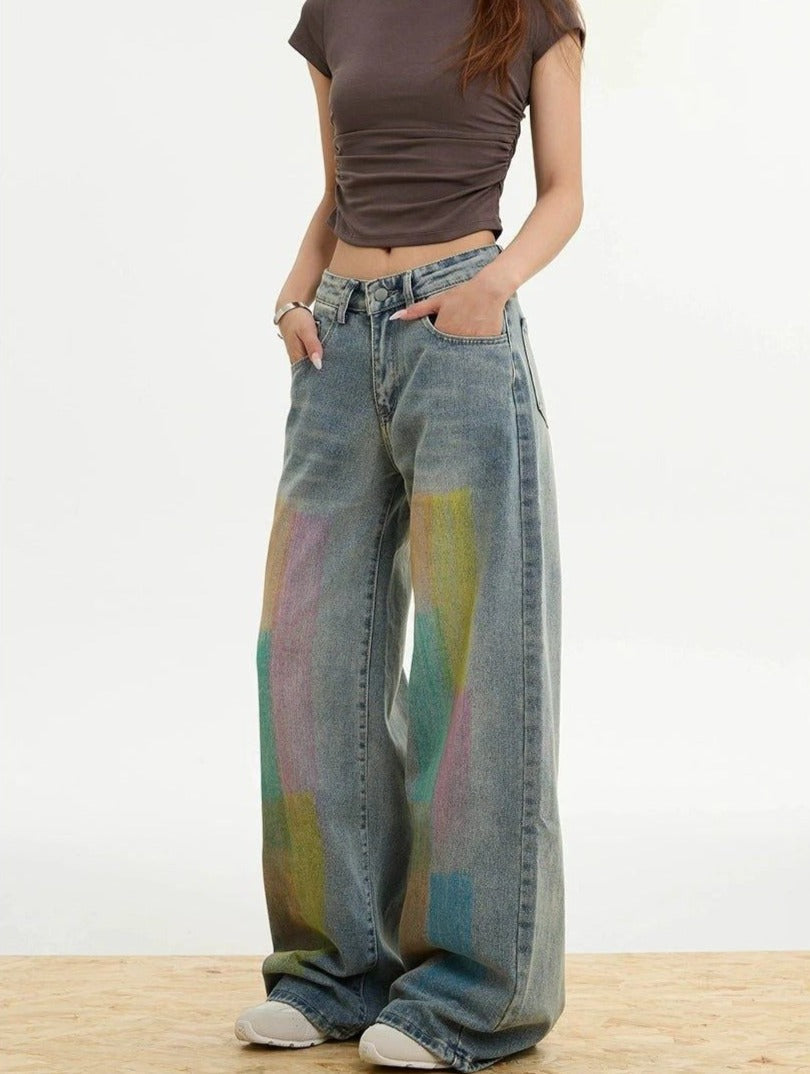 Rainbow Graffiti Wide Jeans Korean Street Fashion Jeans By Apocket Shop Online at OH Vault