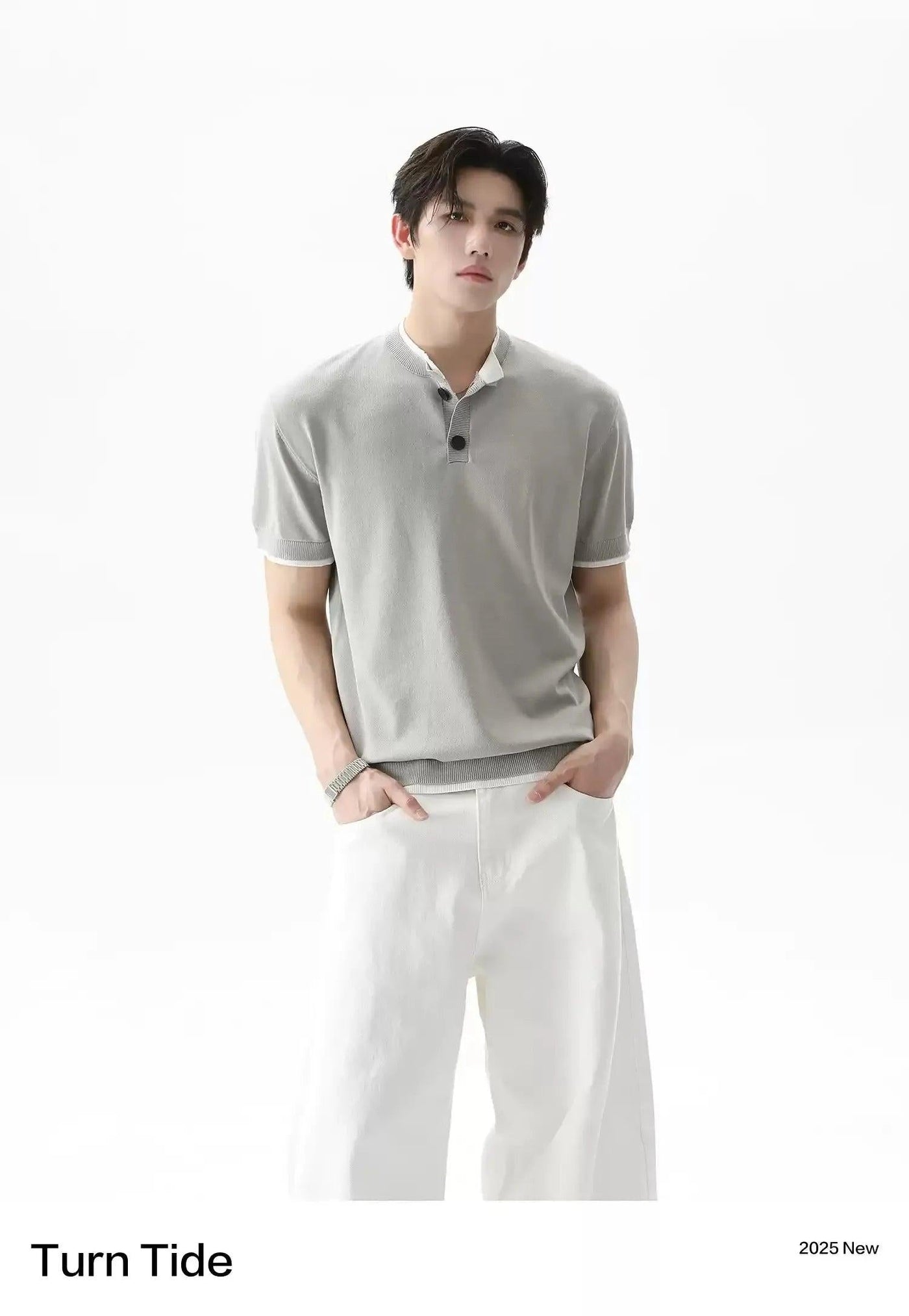 Henley Collar Ribbed Hem T-Shirt Korean Street Fashion T-Shirt By Turn Tide Shop Online at OH Vault