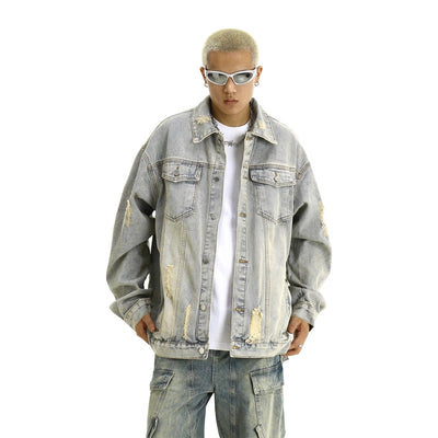 Flap Pocket Fade Ripped Denim Jacket Korean Street Fashion Jacket By MEBXX Shop Online at OH Vault