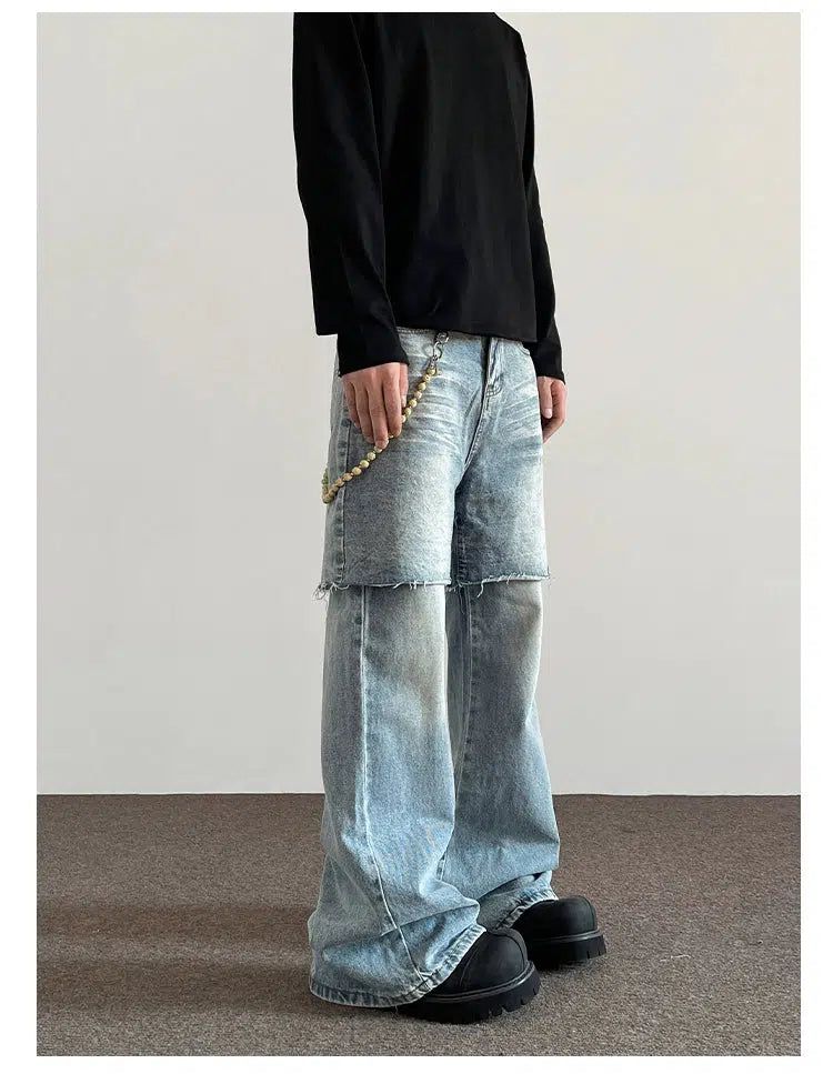 Stitched Two-Piece Raw Edge Jeans Korean Street Fashion Jeans By A PUEE Shop Online at OH Vault