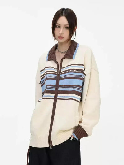 Striped Colors Zipped Sweater Korean Street Fashion Sweater By INS Korea Shop Online at OH Vault
