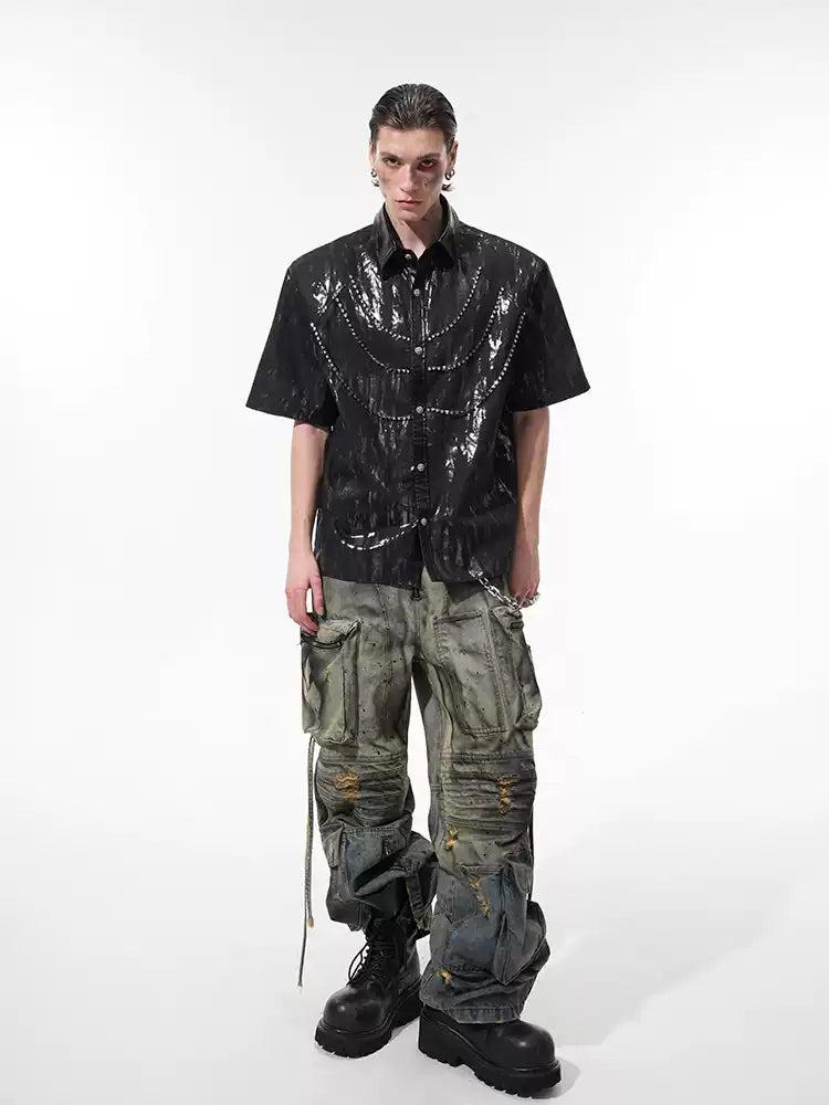 Coated Rhinestone Shoulder Pad Shirt Korean Street Fashion Shirt By Slim Black Shop Online at OH Vault