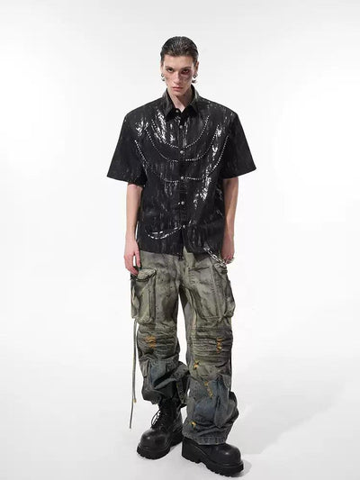 Coated Rhinestone Shoulder Pad Shirt Korean Street Fashion Shirt By Slim Black Shop Online at OH Vault