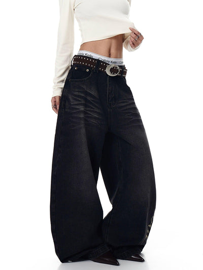 Cursive Print Faded Whiskers Wide Jeans Korean Street Fashion Jeans By Blacklists Shop Online at OH Vault