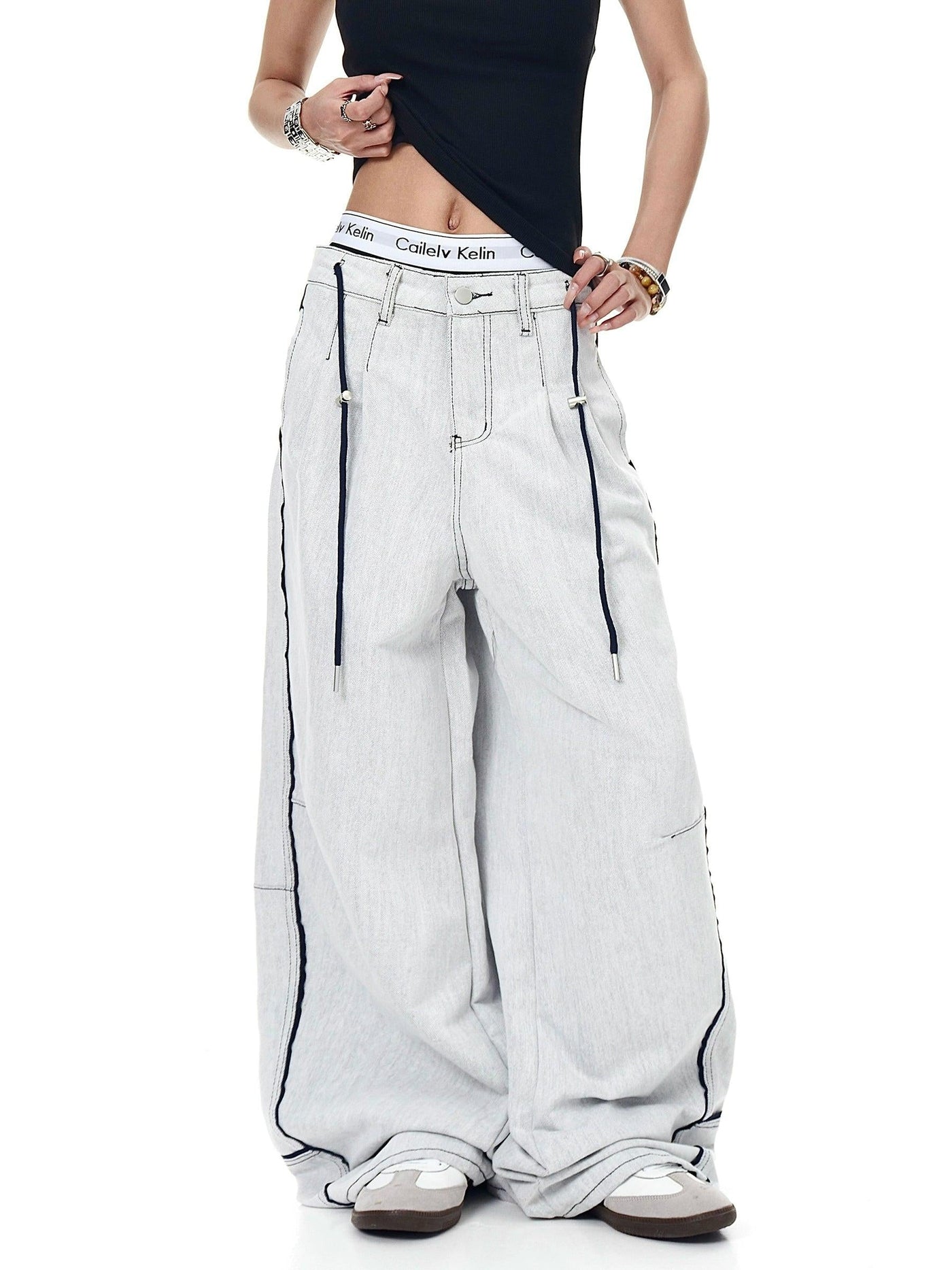 Contrast Outlined Wide Leg Jeans Korean Street Fashion Jeans By Blacklists Shop Online at OH Vault