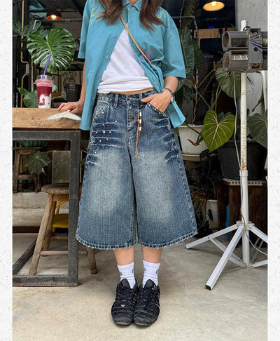 Retro Rivet Faded Denim Shorts Korean Street Fashion Shorts By Made Extreme Shop Online at OH Vault