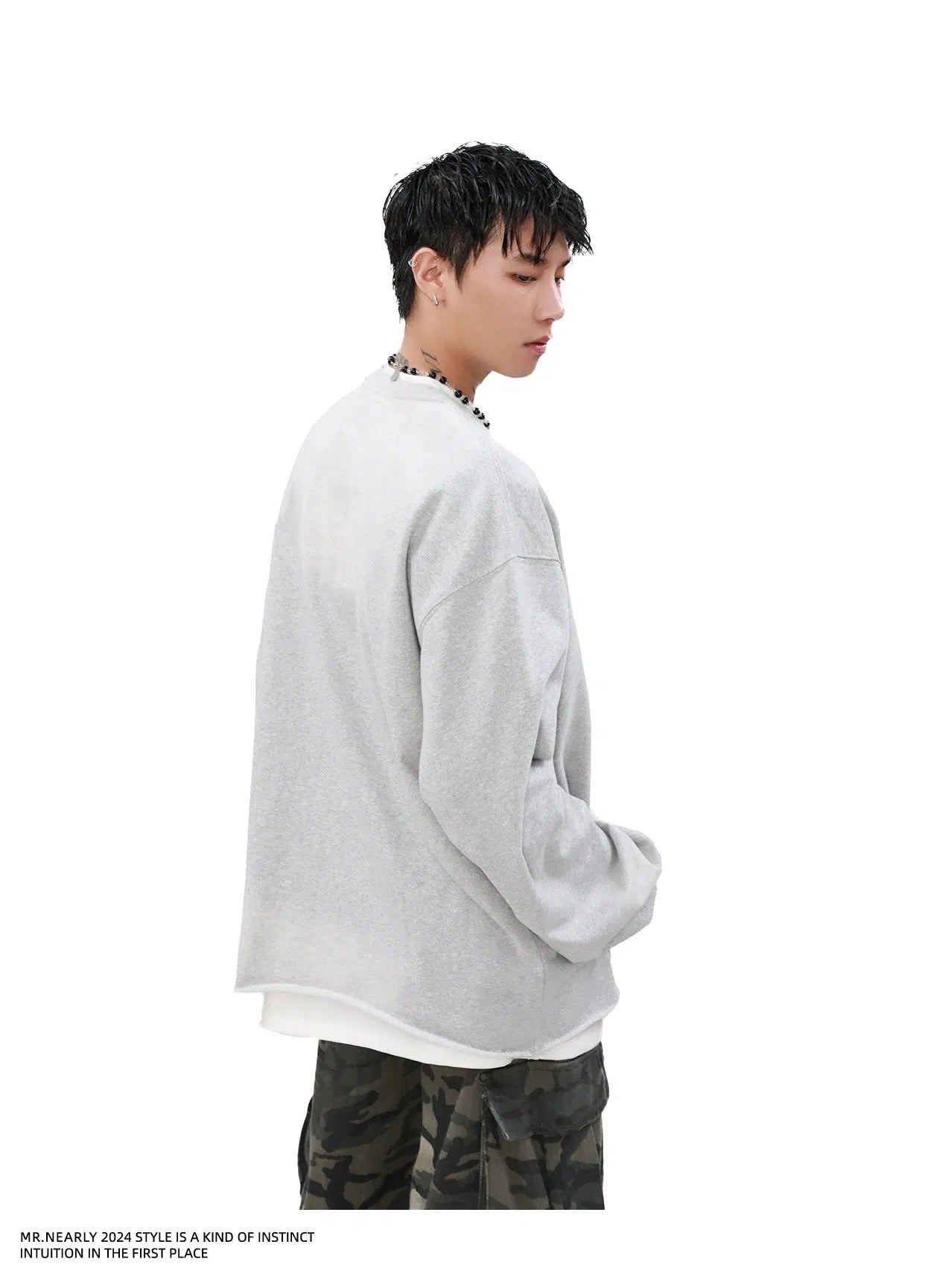 Slit Collar Raw Edge Crewneck Korean Street Fashion Crewneck By Mr Nearly Shop Online at OH Vault