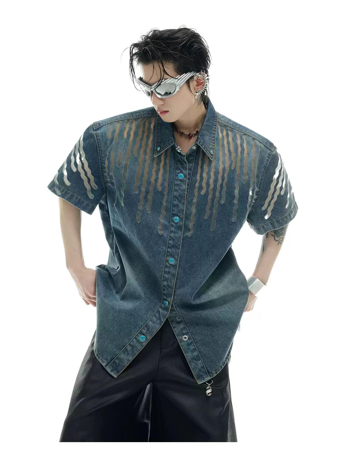 Mesh Spliced Denim Shirt & Wide Jeans Set Korean Street Fashion Clothing Set By Argue Culture Shop Online at OH Vault