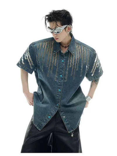 Mesh Spliced Denim Shirt & Wide Jeans Set Korean Street Fashion Clothing Set By Argue Culture Shop Online at OH Vault