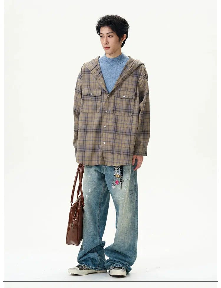 Plaid Buttons Hooded Shirt Korean Street Fashion Shirt By 77Flight Shop Online at OH Vault