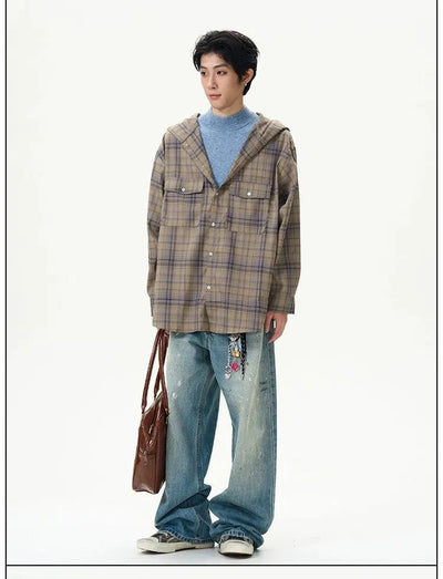 Plaid Buttons Hooded Shirt Korean Street Fashion Shirt By 77Flight Shop Online at OH Vault