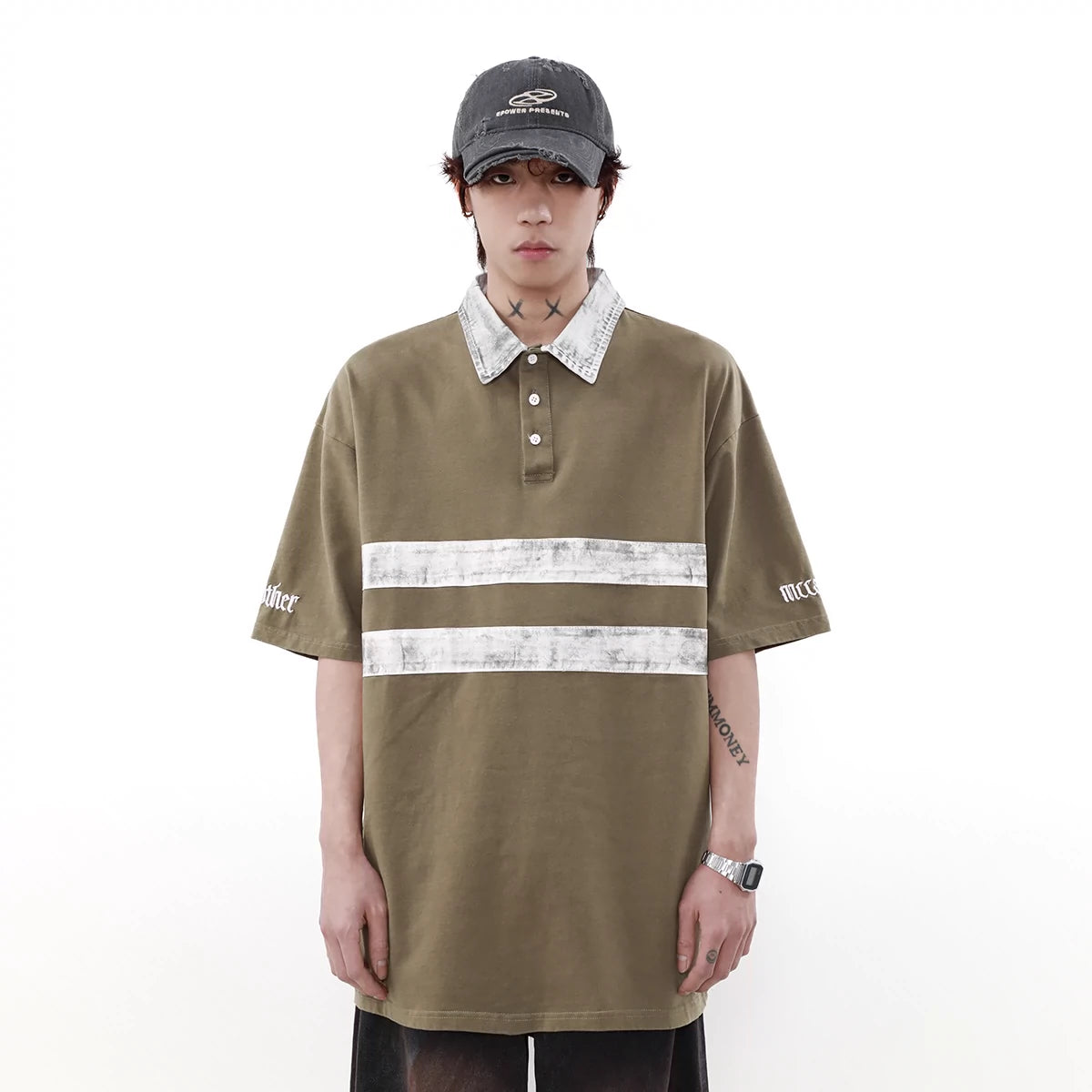 Smudged Striped Detail Polo Korean Street Fashion Polo By Mr Nearly Shop Online at OH Vault