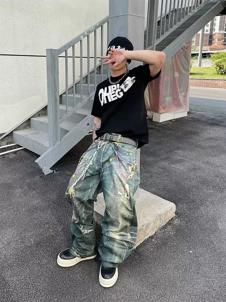 Colorful Chain Loose Fit Jeans Korean Street Fashion Jeans By Dark Fog Shop Online at OH Vault
