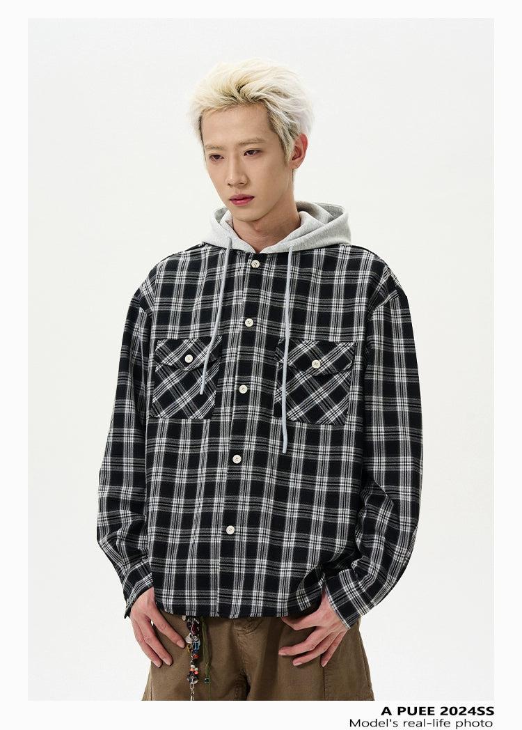 Drawstring Plaid Hooded Shirt Korean Street Fashion Shirt By A PUEE Shop Online at OH Vault