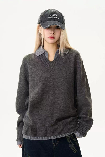 Layered V-Neck Polo Sweater Korean Street Fashion Sweater By MaxDstr Shop Online at OH Vault