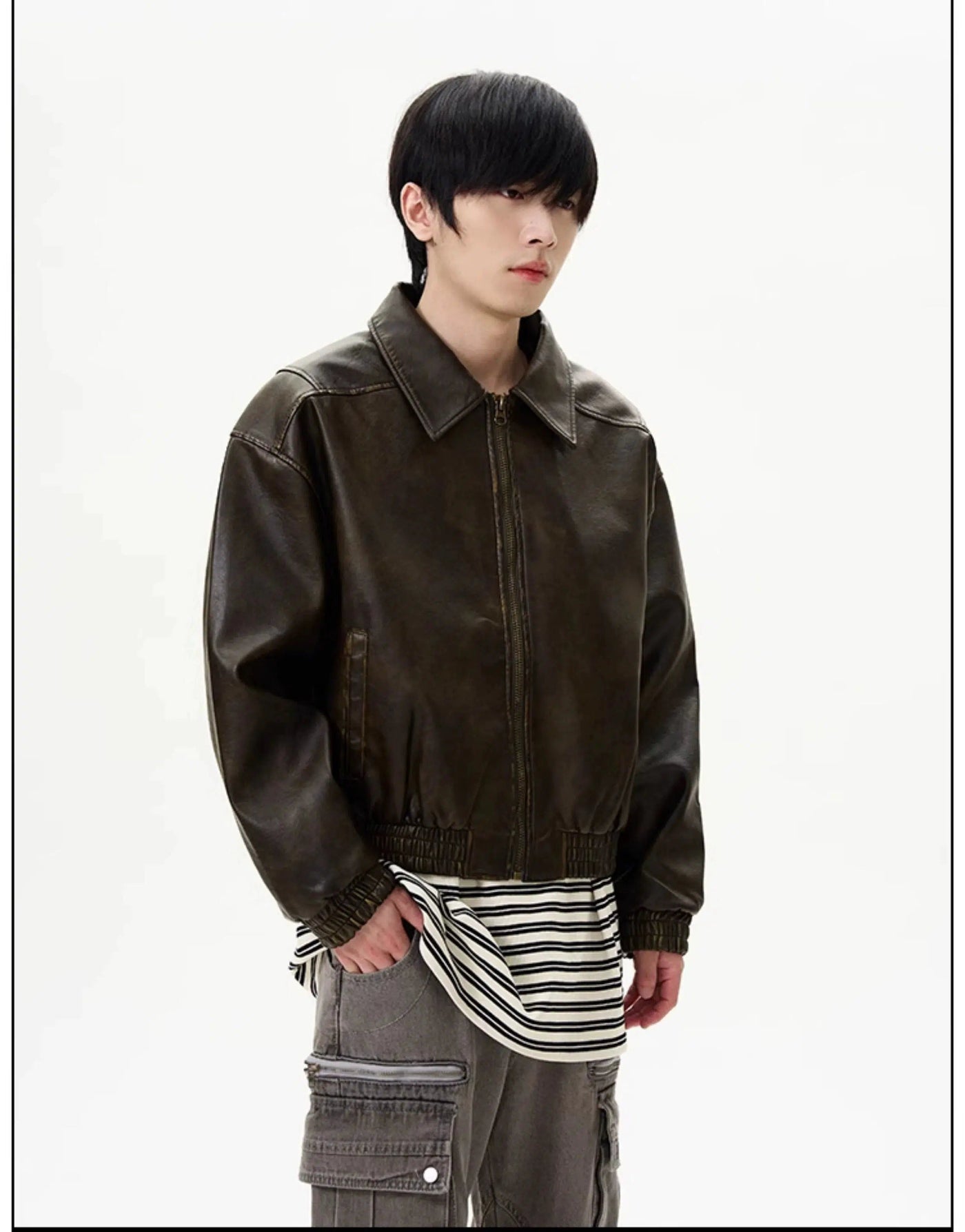 Distressed Zipped PU Leather Jacket Korean Street Fashion Jacket By 77Flight Shop Online at OH Vault