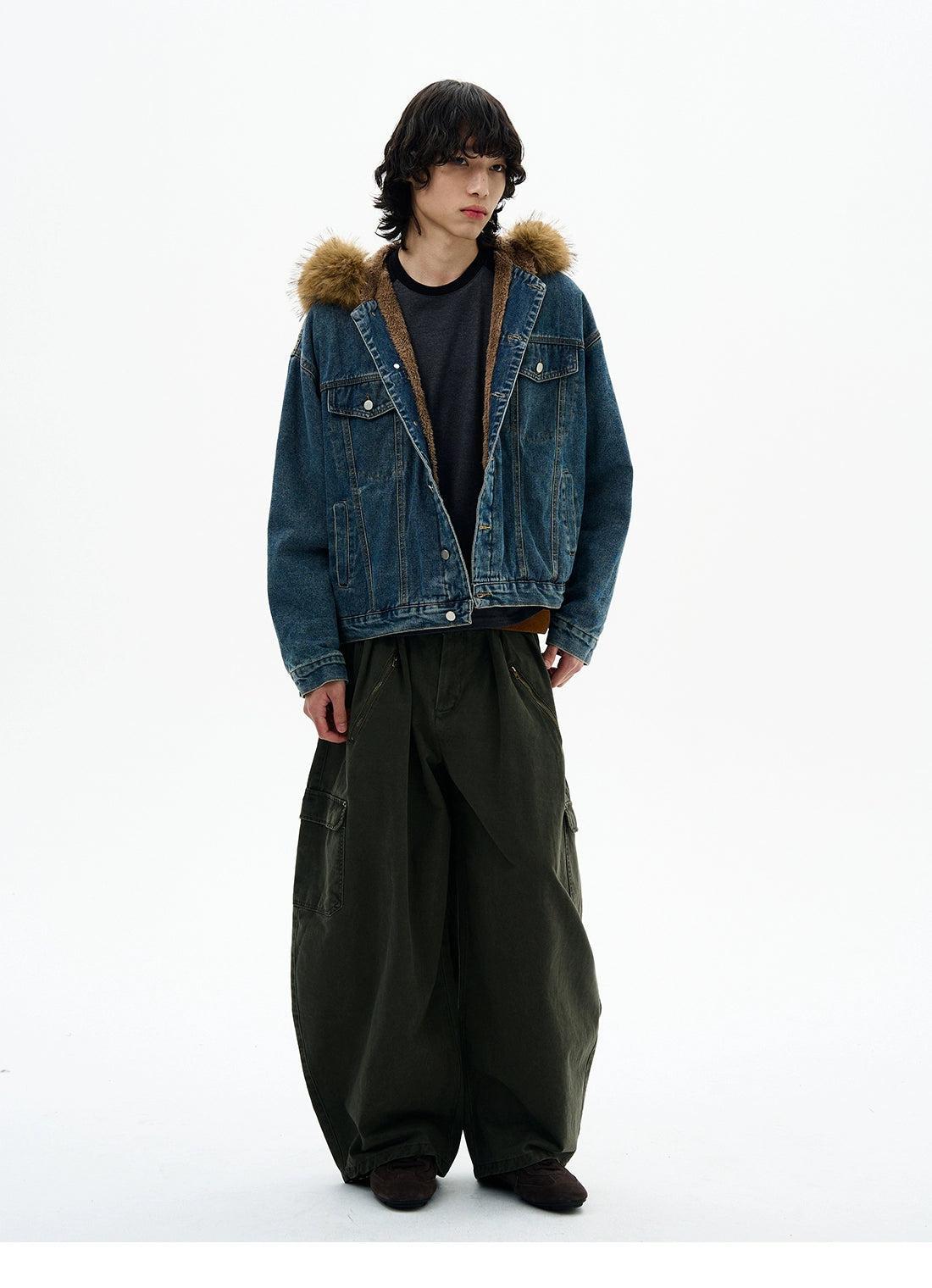 Washed Fur Hood Denim Jacket Korean Street Fashion Jacket By 77Flight Shop Online at OH Vault