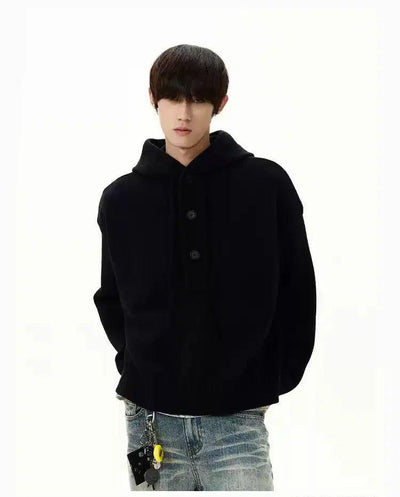 Half-Buttons Cozy Fit Knit Hoodie Korean Street Fashion Hoodie By A PUEE Shop Online at OH Vault