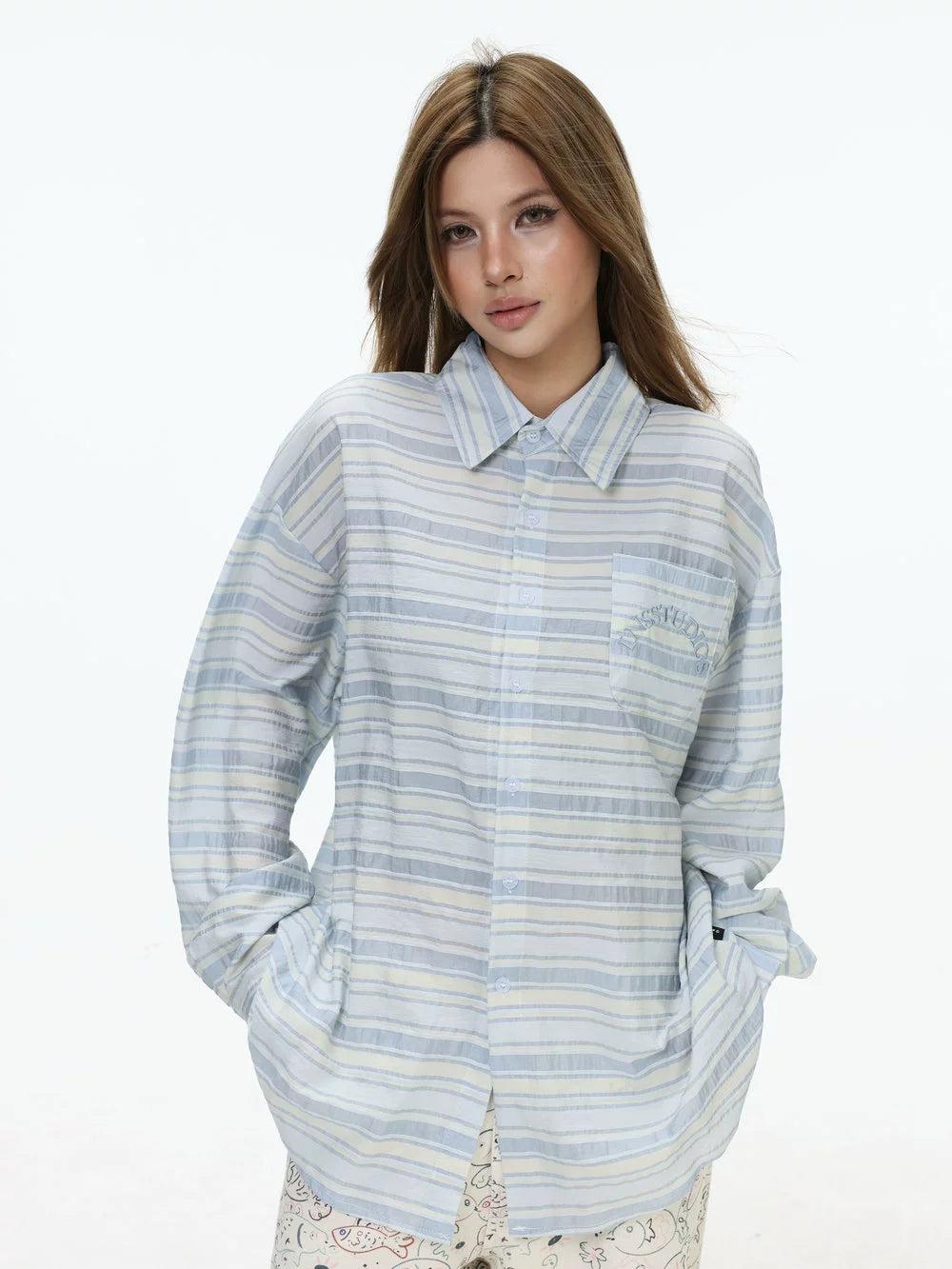 Striped Textured Thin L/S Shirt Korean Street Fashion Shirt By INS Korea Shop Online at OH Vault